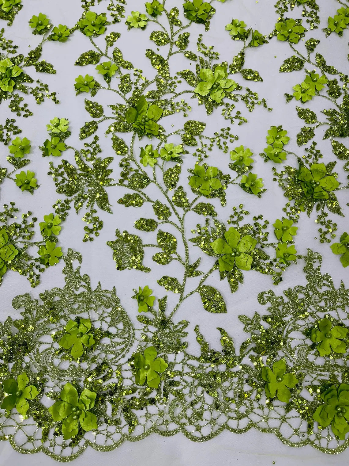 3D Flower Glitter Fabric - Lime Green - Floral Glitter Sequin Design on Lace Mesh Fabric by Yard