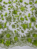 3D Flower Glitter Fabric - Lime Green - Floral Glitter Sequin Design on Lace Mesh Fabric by Yard