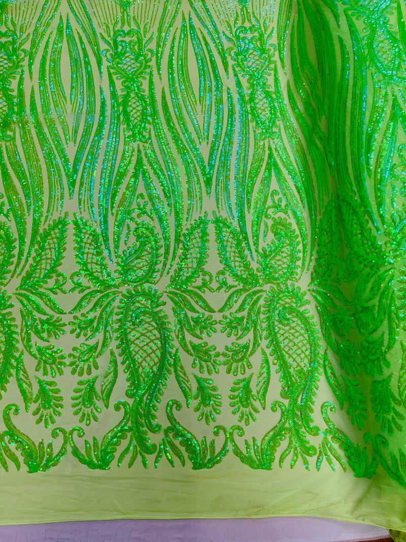 Paisley Sequin Fabric - Lime Green - Line Pattern 4 Way Stretch Elegant Fabric By The Yard