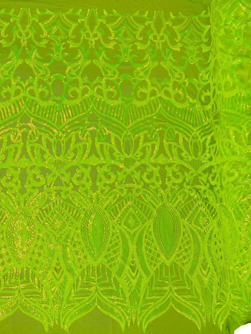 Lime Green Iridescent - 4 Way Stretch Embroidered Royalty Sequins Design Fabric By Yard