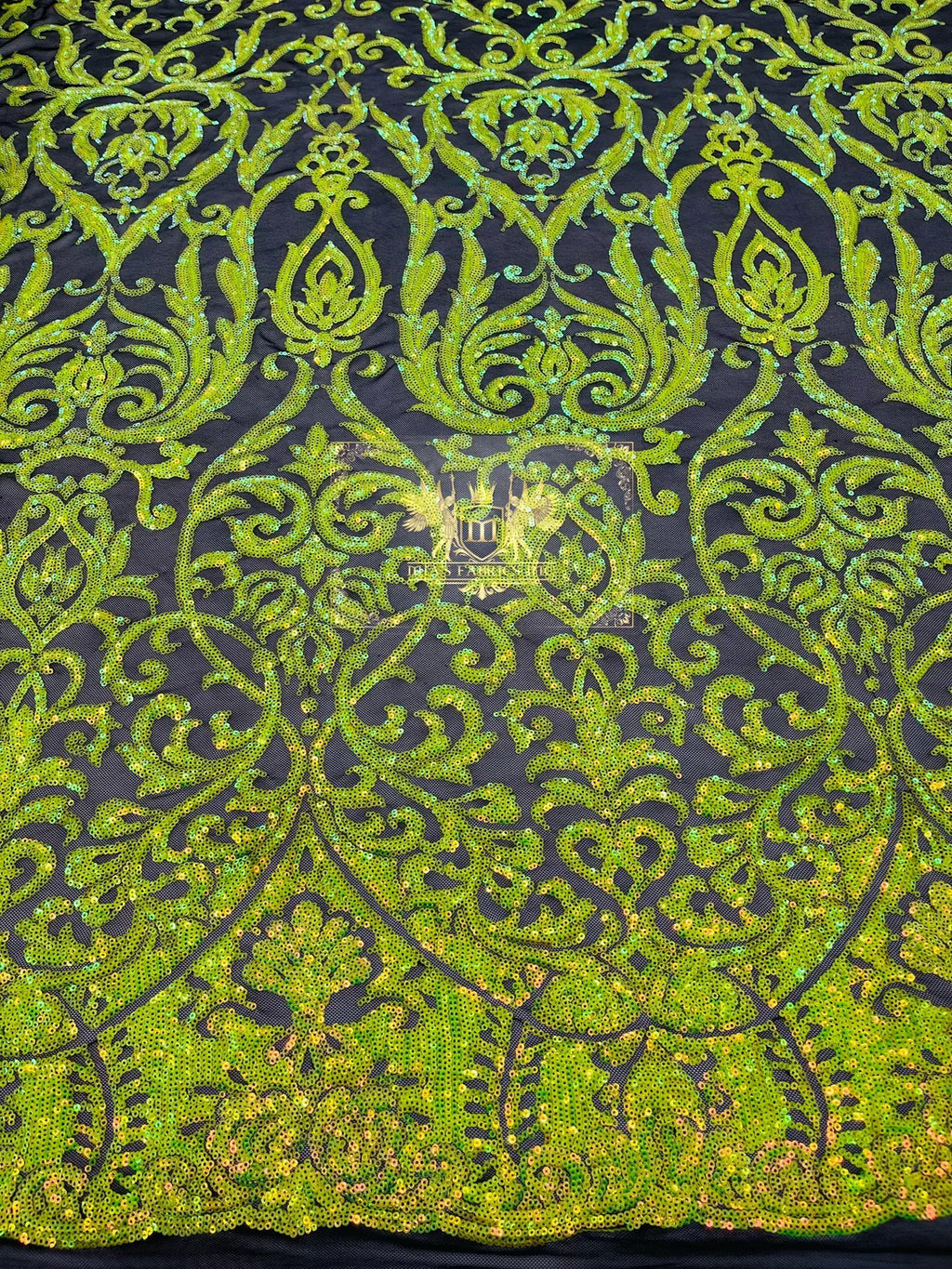 Damask Decor Sequins - Lime Green on Black Mesh - 4 Way Stretch Design High Quality Fabric