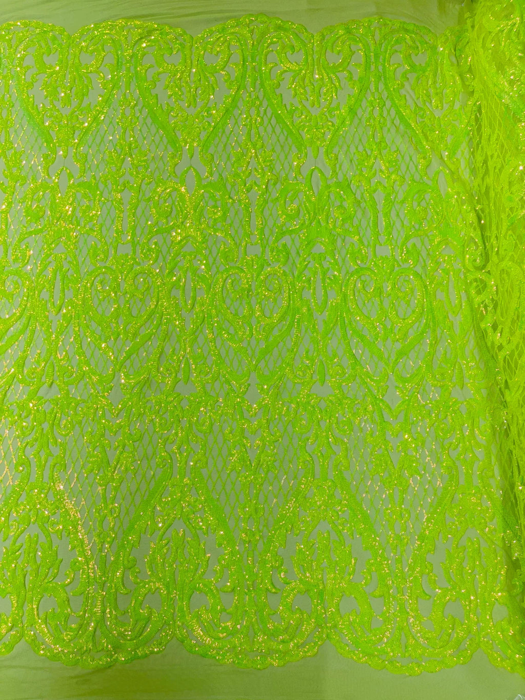 Heart Damask Sequins - Lime Green - 4 Way Stretch Elegant Shiny Net Sequins Fabric By Yard