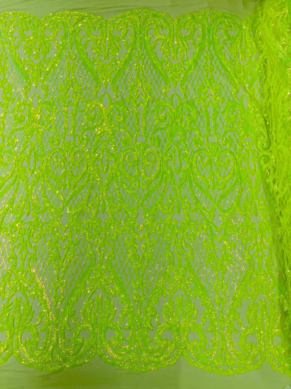 Heart Damask Sequins - Lime Green - 4 Way Stretch Elegant Shiny Net Sequins Fabric By Yard