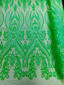 Big Damask Sequins Fabric - Lime Green Iridescent - 4 Way Stretch Damask Sequins Design Fabric By Yard