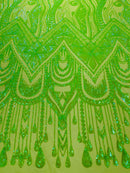 Zig Zag Design Sequins - Lime Green - 4 Way Stretch Embroidered Zig Zag Sequins Lace Fabric By The Yard