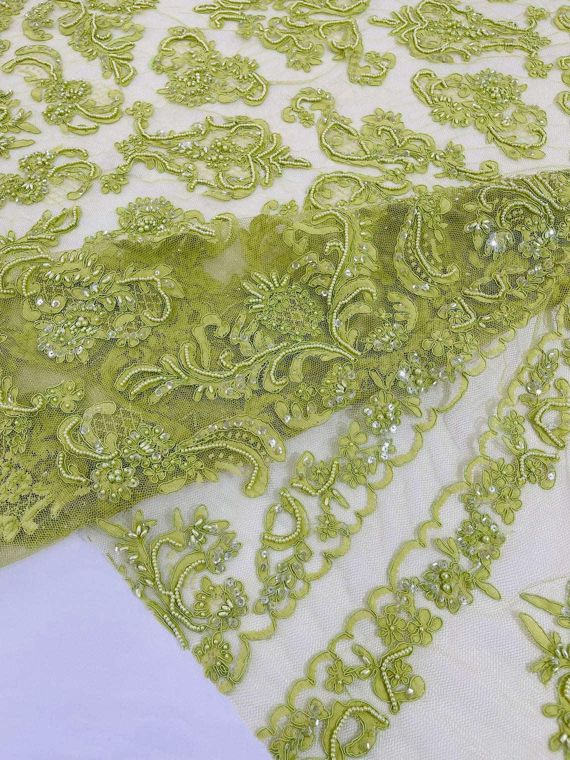 Beaded My Lady Damask Design - Lime Green - Beaded Fancy Damask Embroidered Fabric By Yard