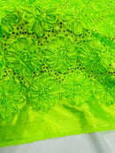 Satin Rosette Sequins Fabric - Lime Green - 3D Rosette Satin Rose Fabric with Sequins By Yard