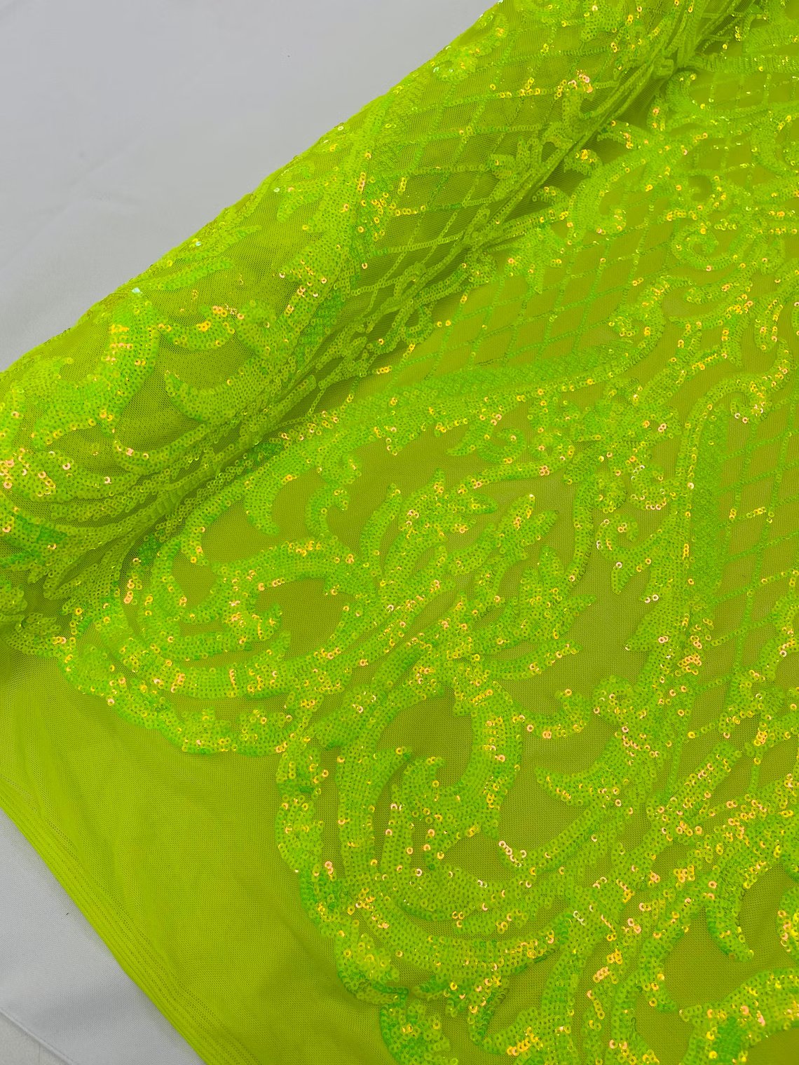 Heart Damask Sequins - Lime Green - 4 Way Stretch Sequins Fabric By Yard