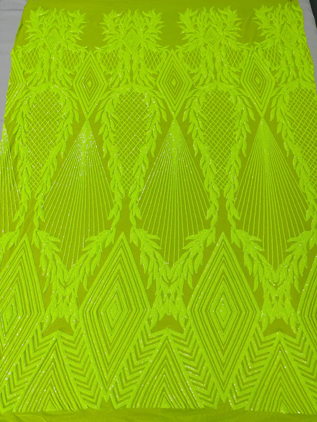 Triangle Sequin Fabric - Lime Green - Geometric Designs Spandex Mesh By Yard