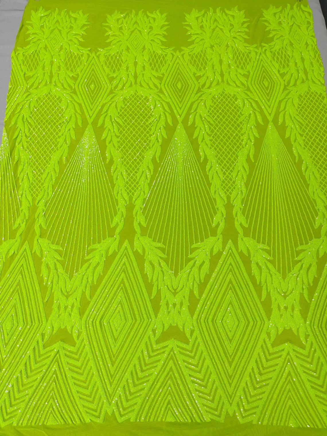 Triangle Sequin Fabric - Lime Green - Geometric Designs Spandex Mesh By Yard