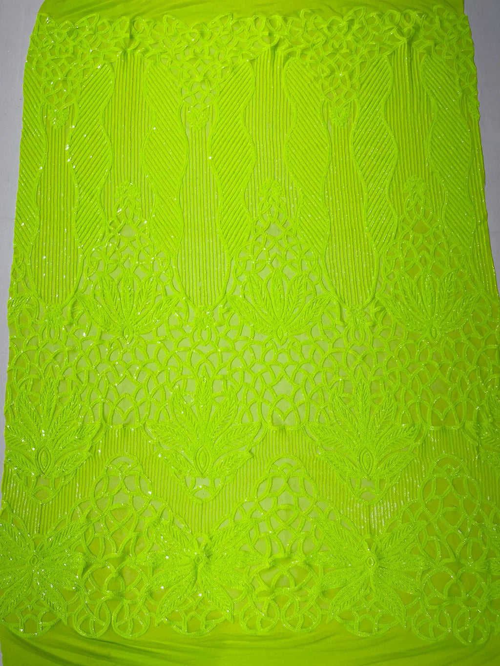 Elegant Floral Leaf Design - Lime Green - 4 Way Stretch Sequins Lace Spandex Fabric By Yard