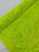Heart Damask Sequins - Lime Green - 4 Way Stretch Sequins Fabric By Yard