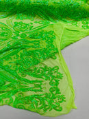 Big Damask Sequins Fabric - Lime Green Iridescent - 4 Way Stretch Damask Sequins Design Fabric By Yard