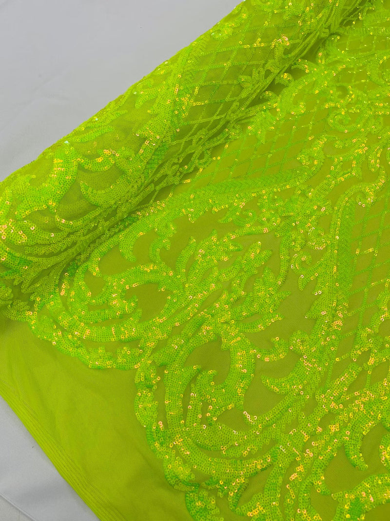 Heart Damask Sequins - Lime Green - 4 Way Stretch Sequins Fabric By Yard
