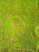 Tribal Swirl Spandex Fabric - Lime Green - Hologram Metallic 4-Way Stretch Milliskin Fabric by Yard