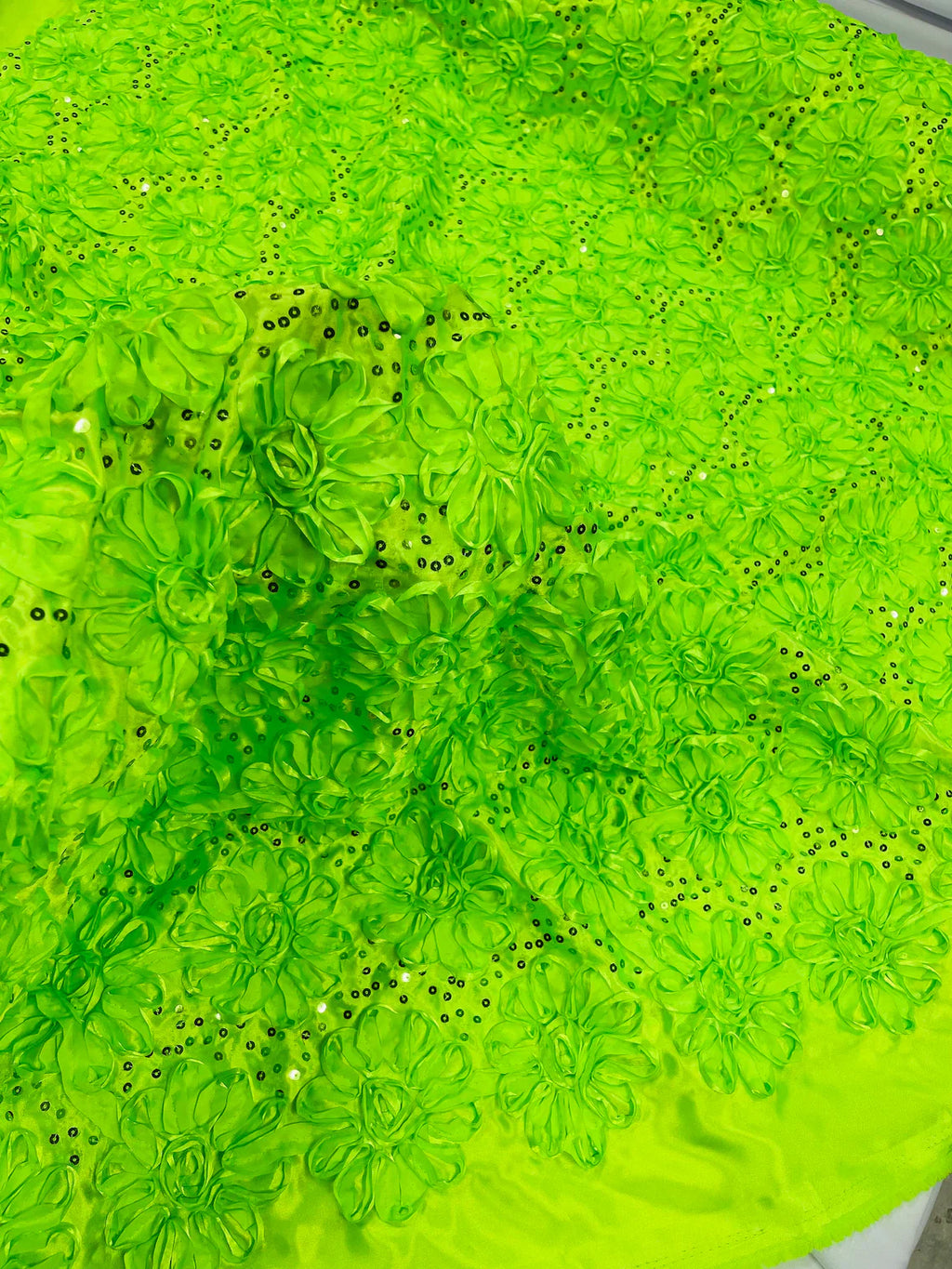 Satin Rosette Sequins Fabric - Lime Green - 3D Rosette Satin Rose Fabric with Sequins By Yard