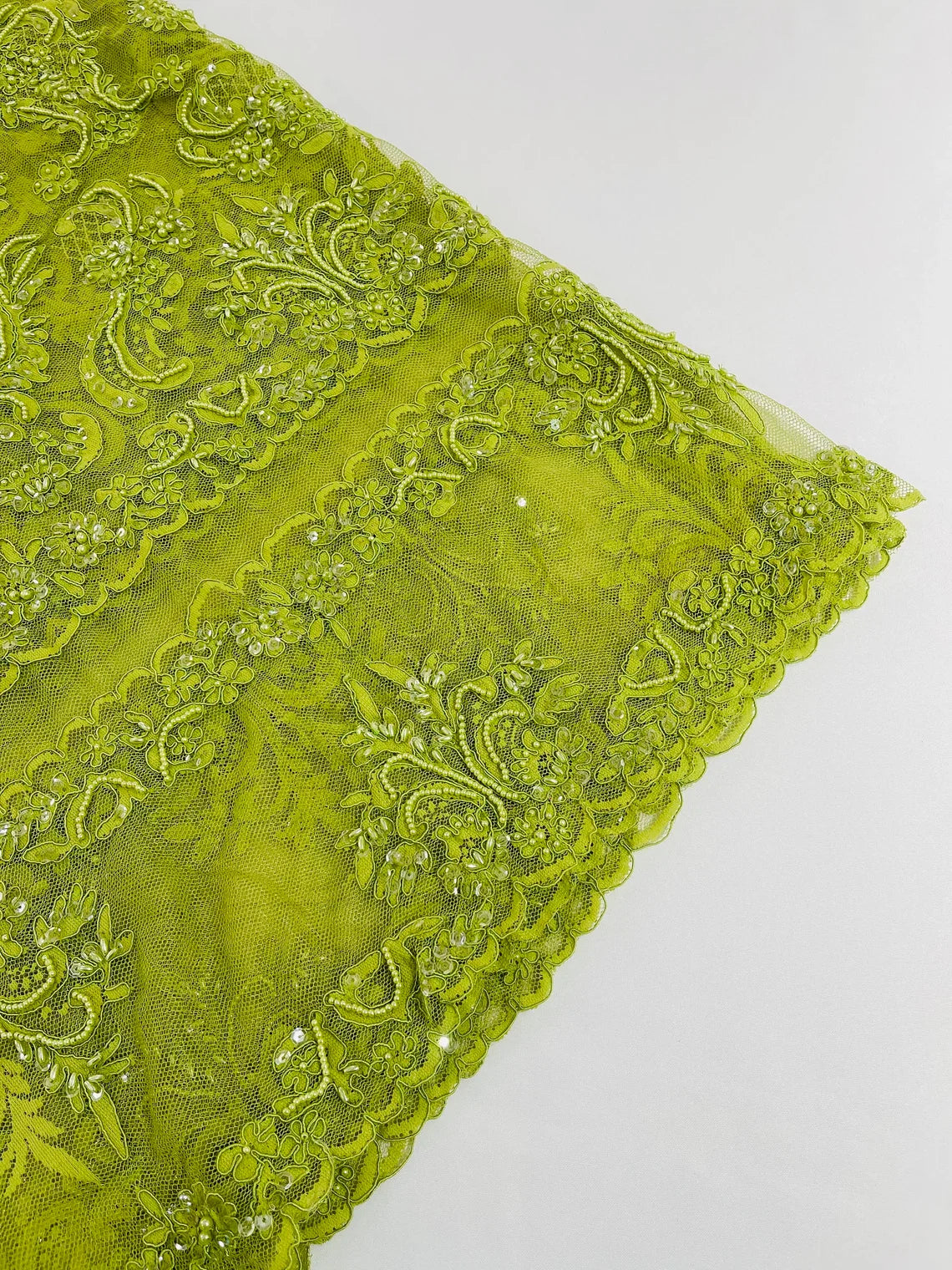 Beaded My Lady Damask Design - Lime Green - Beaded Fancy Damask Embroidered Fabric By Yard