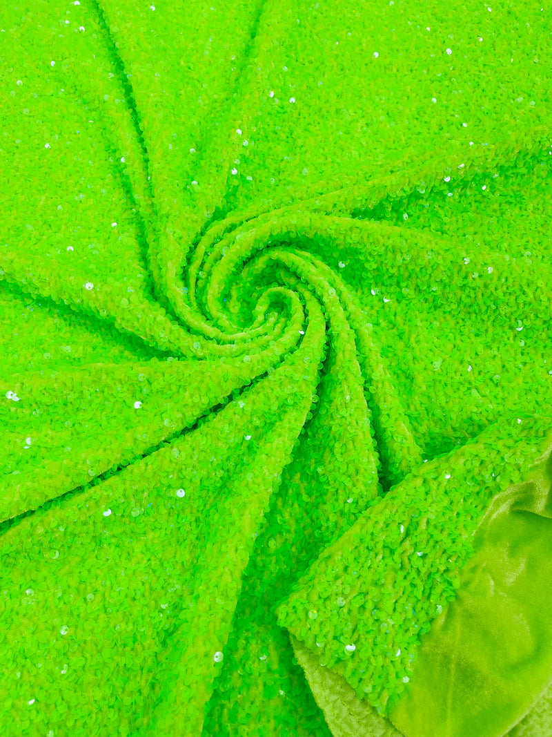 Stretch Velvet Sequins Fabric - Lime Green Hologram - Velvet Sequins 2 Way Stretch 58/60” By Yard