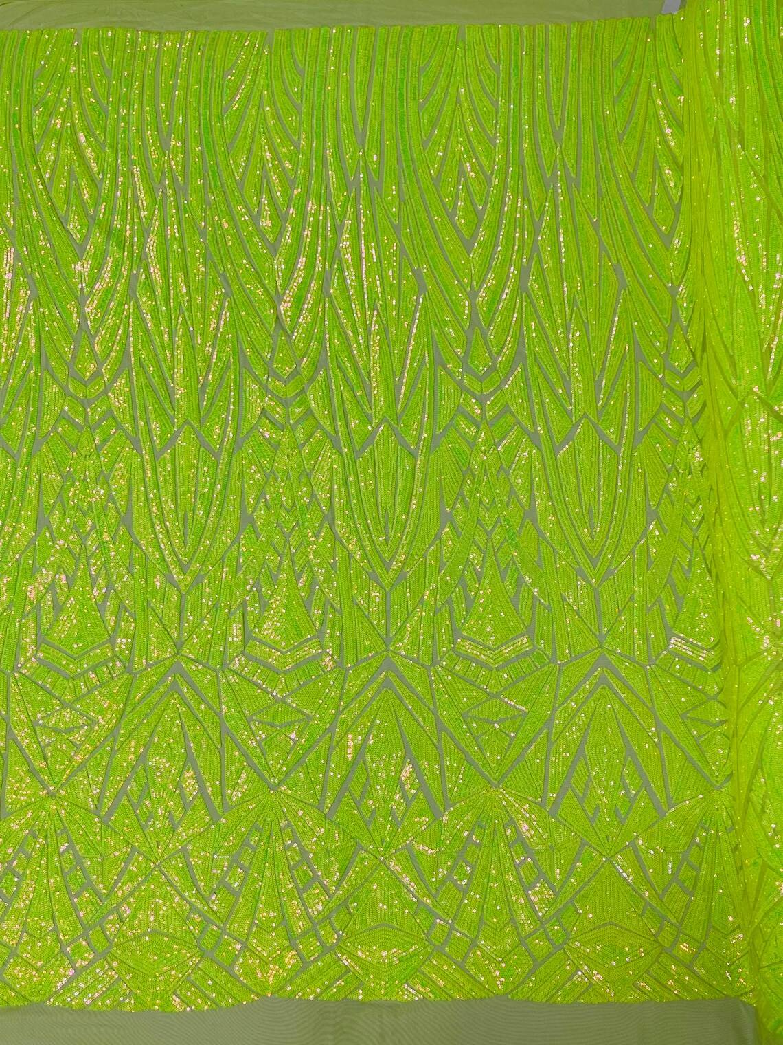 Geometric Fabric - Lime Green - Geometric Sequins Pattern Design 4 Way Stretch Sold By Yard