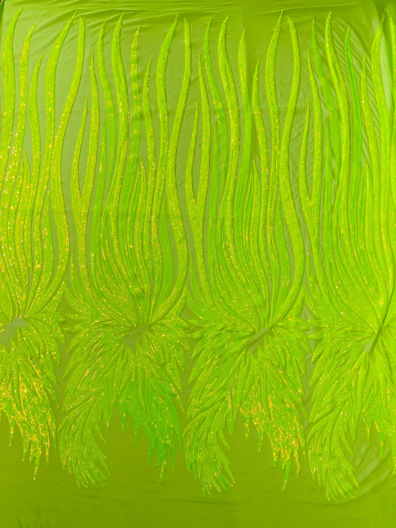 Phoenix Wing Sequins - Lime Iridescent - 4 Way Stretch Wings Pattern Design Fabric By Yard