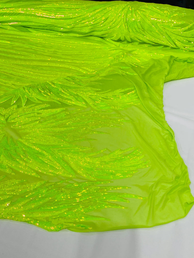 Phoenix Wing Sequins - Lime Iridescent - 4 Way Stretch Wings Pattern Design Fabric By Yard