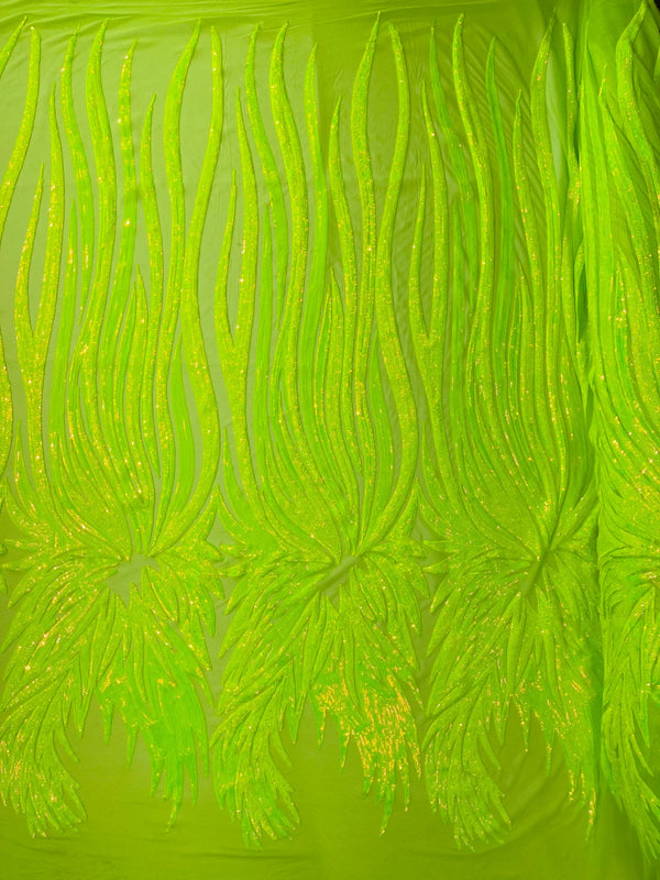 Phoenix Wing Sequins - Lime Iridescent - 4 Way Stretch Wings Pattern Design Fabric By Yard