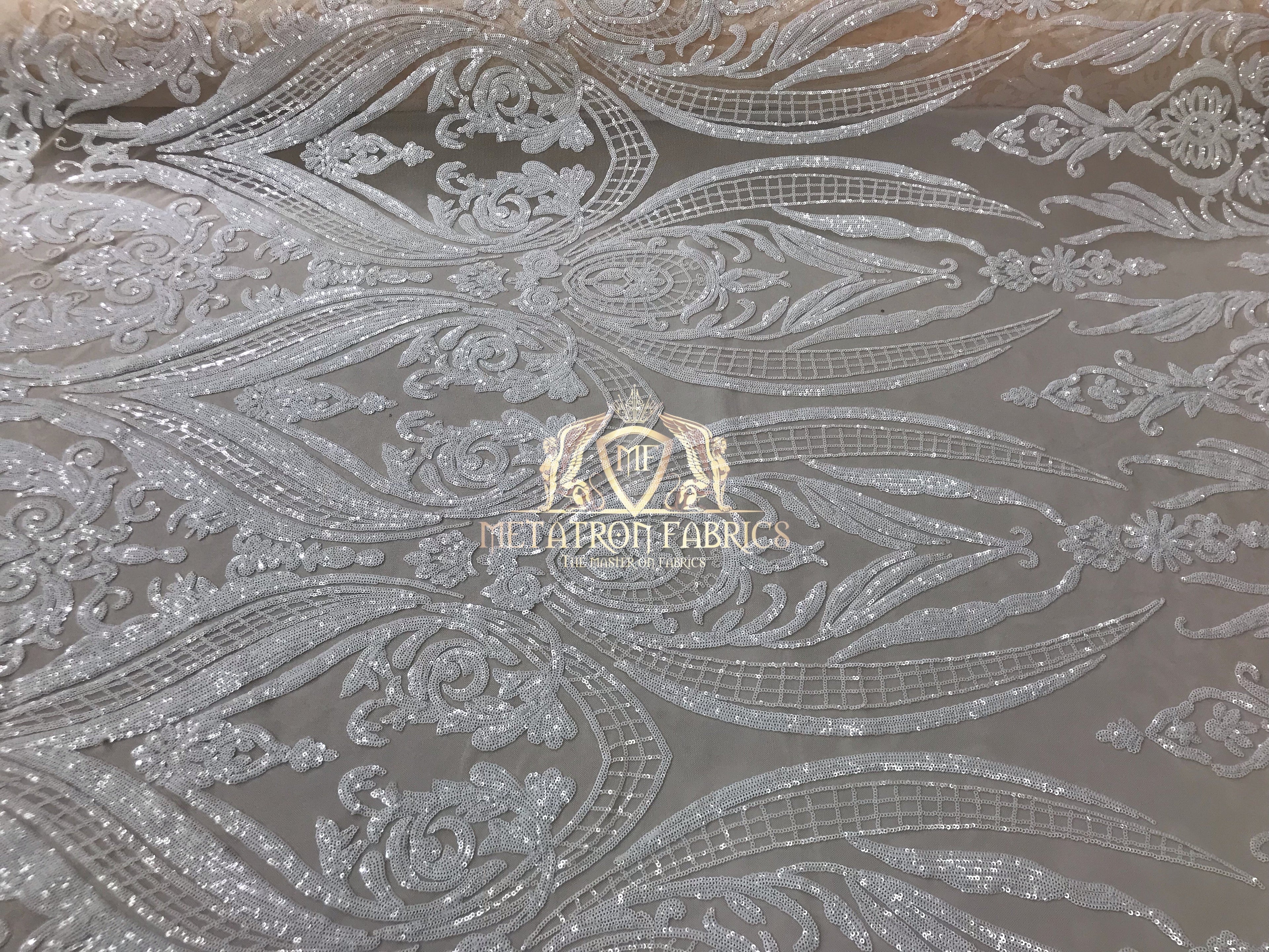 Big Damask Sequins Fabric - White on Nude Mesh - 4 Way Stretch Damask Sequins Design Fabric By Yard