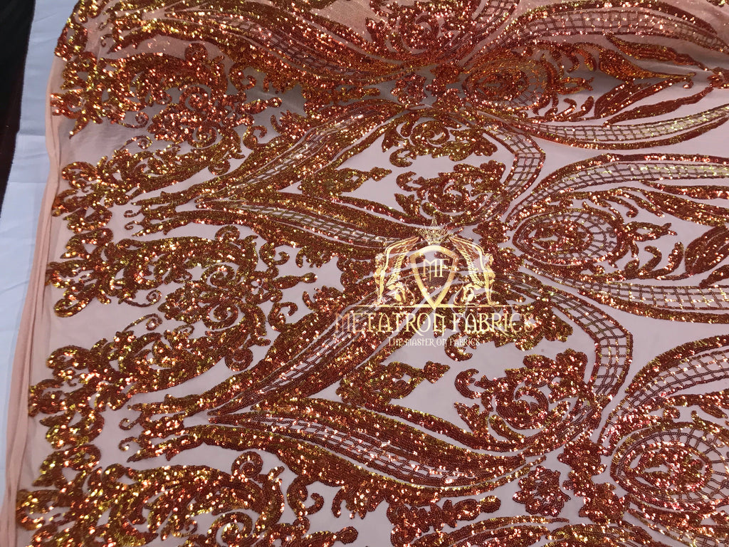 Big Damask Sequins Fabric - Orange - 4 Way Stretch Damask Sequins Design Fabric By Yard