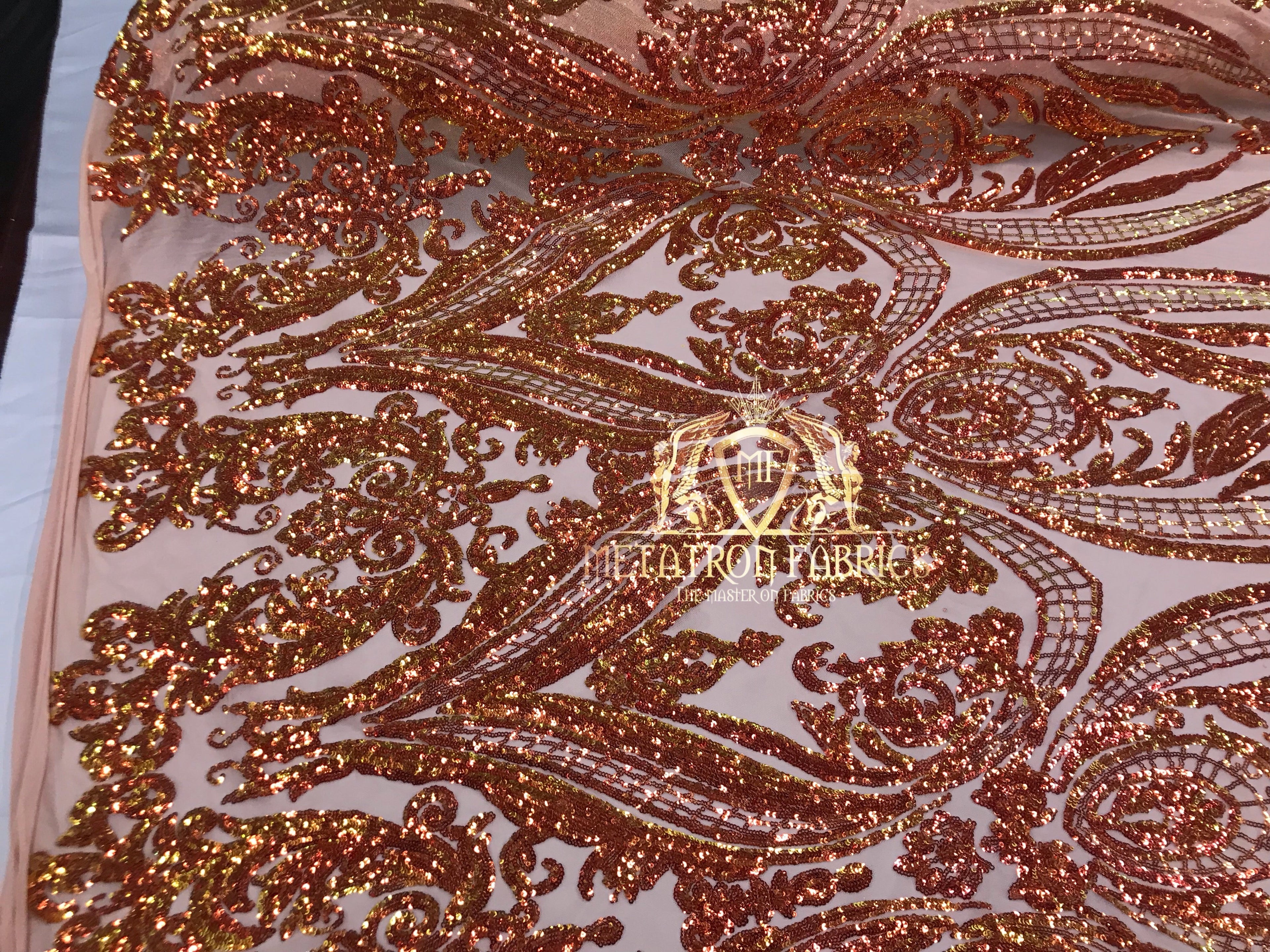 Big Damask Sequins Fabric - Orange - 4 Way Stretch Damask Sequins Design Fabric By Yard