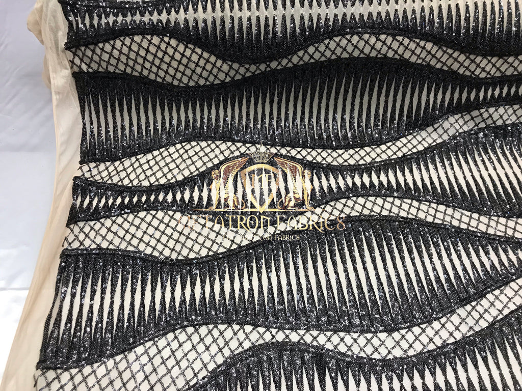 4 Way Stretch - Black - Horizontal Line Design Sequins On Stretch Mesh By The Yard