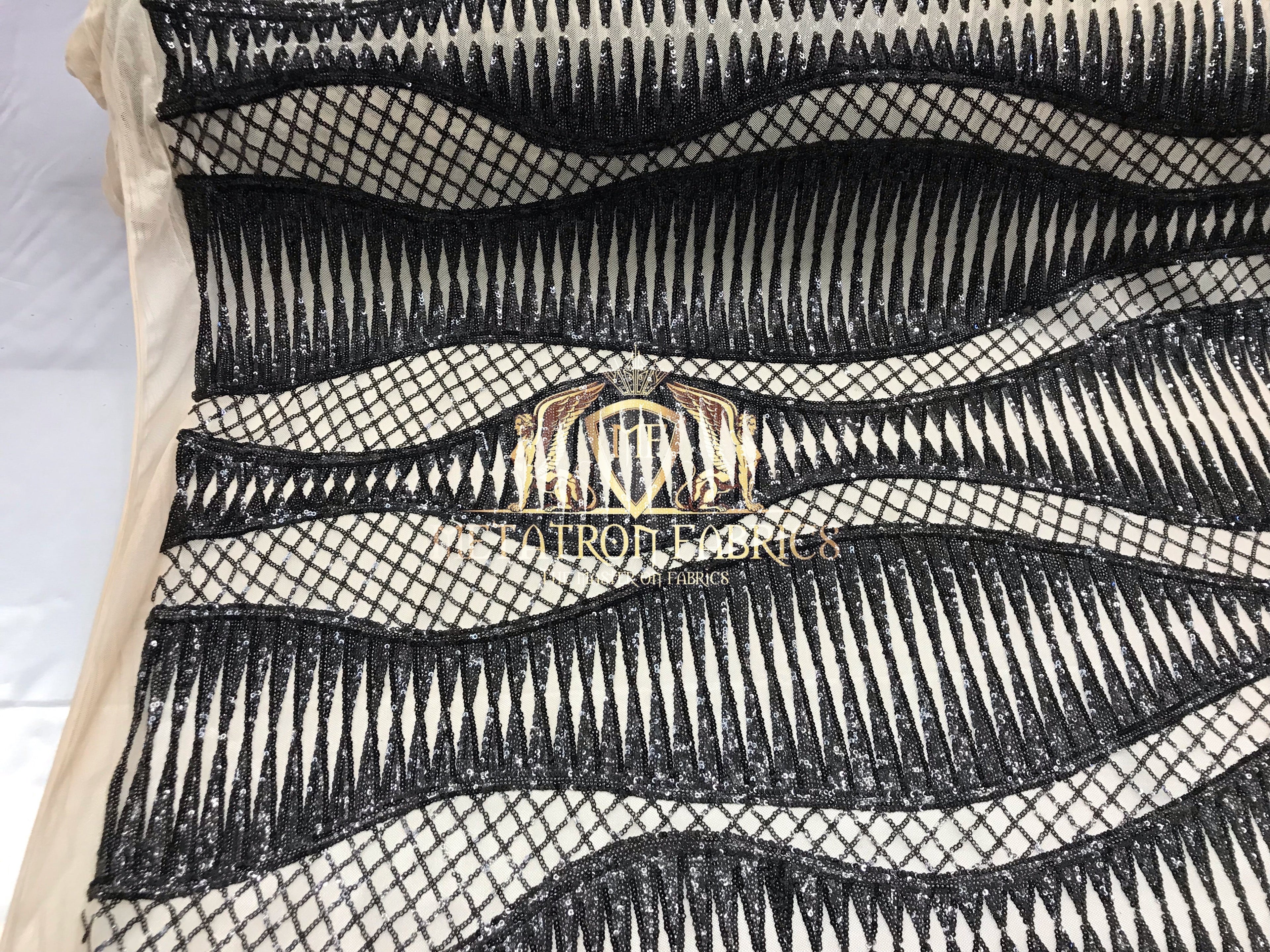 4 Way Stretch - Black - Horizontal Line Design Sequins On Stretch Mesh By The Yard