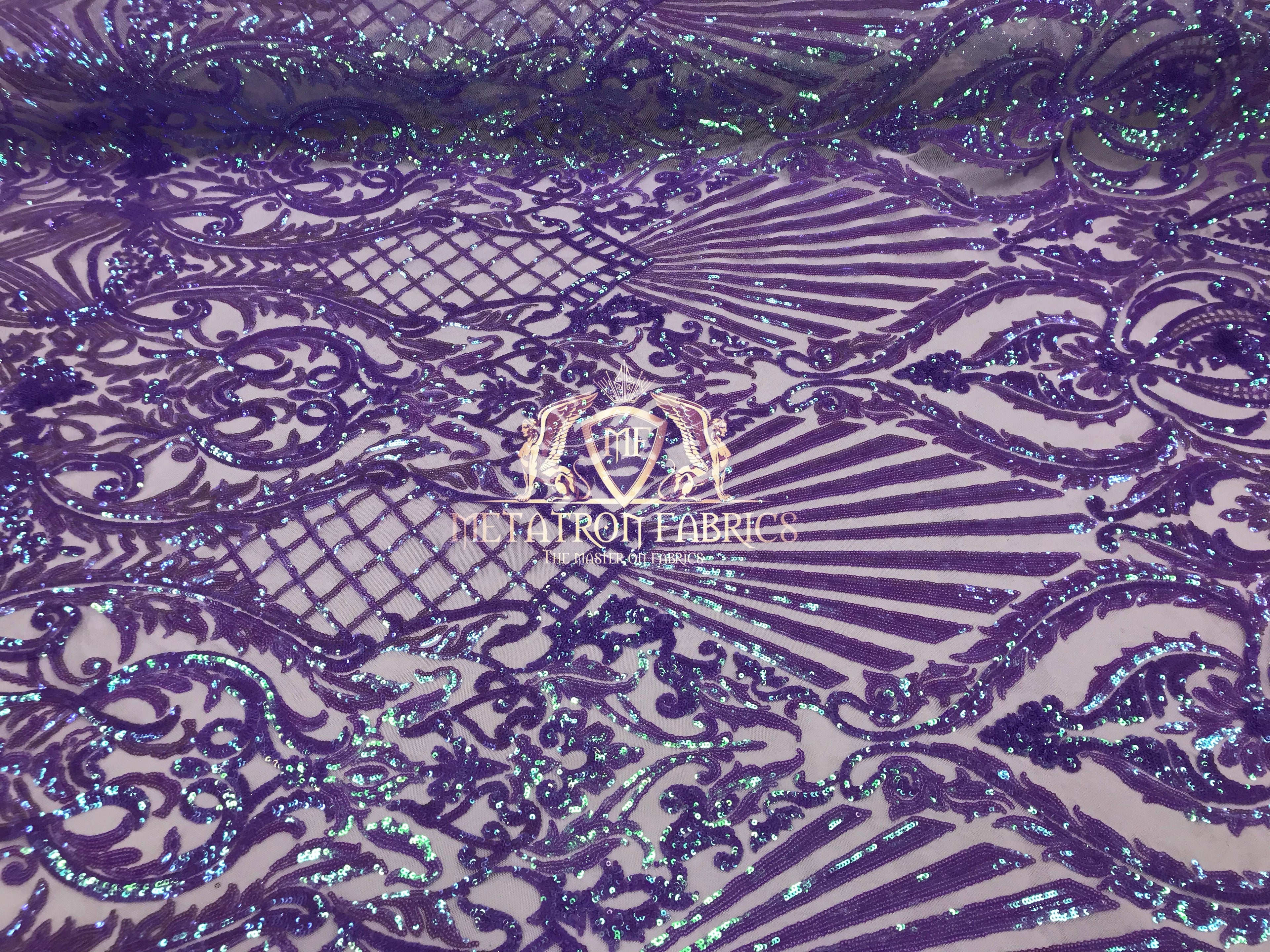 Iridescent Sequins - Lilac - 4 Way Stretch Damask Design Fabric On Stretch Mesh By The Yard