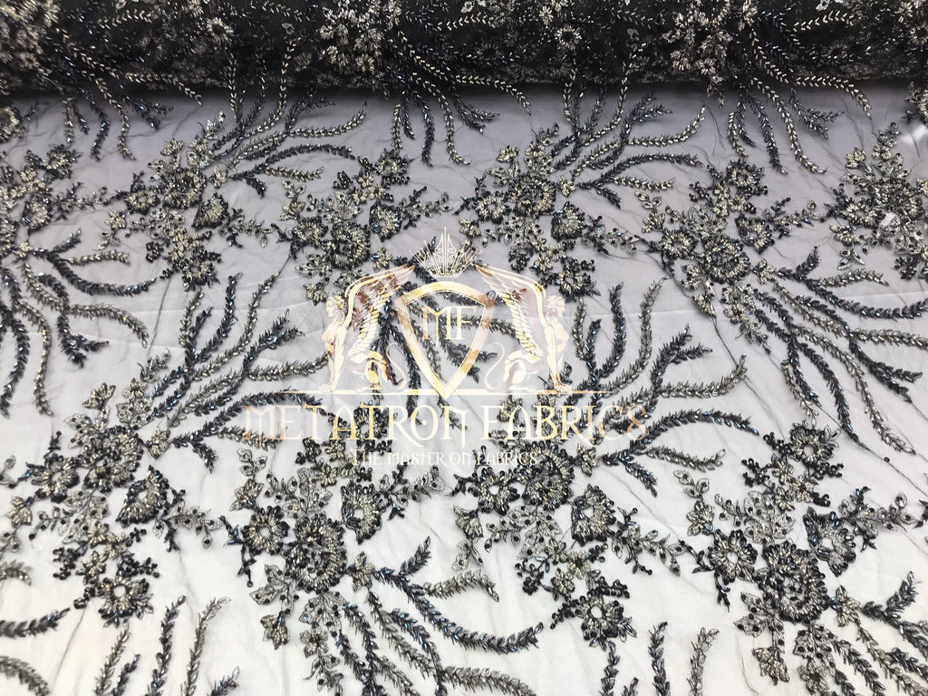 Beaded - Black - Fancy Flower Design Sequins Fabric with Beads Sold By The Yard