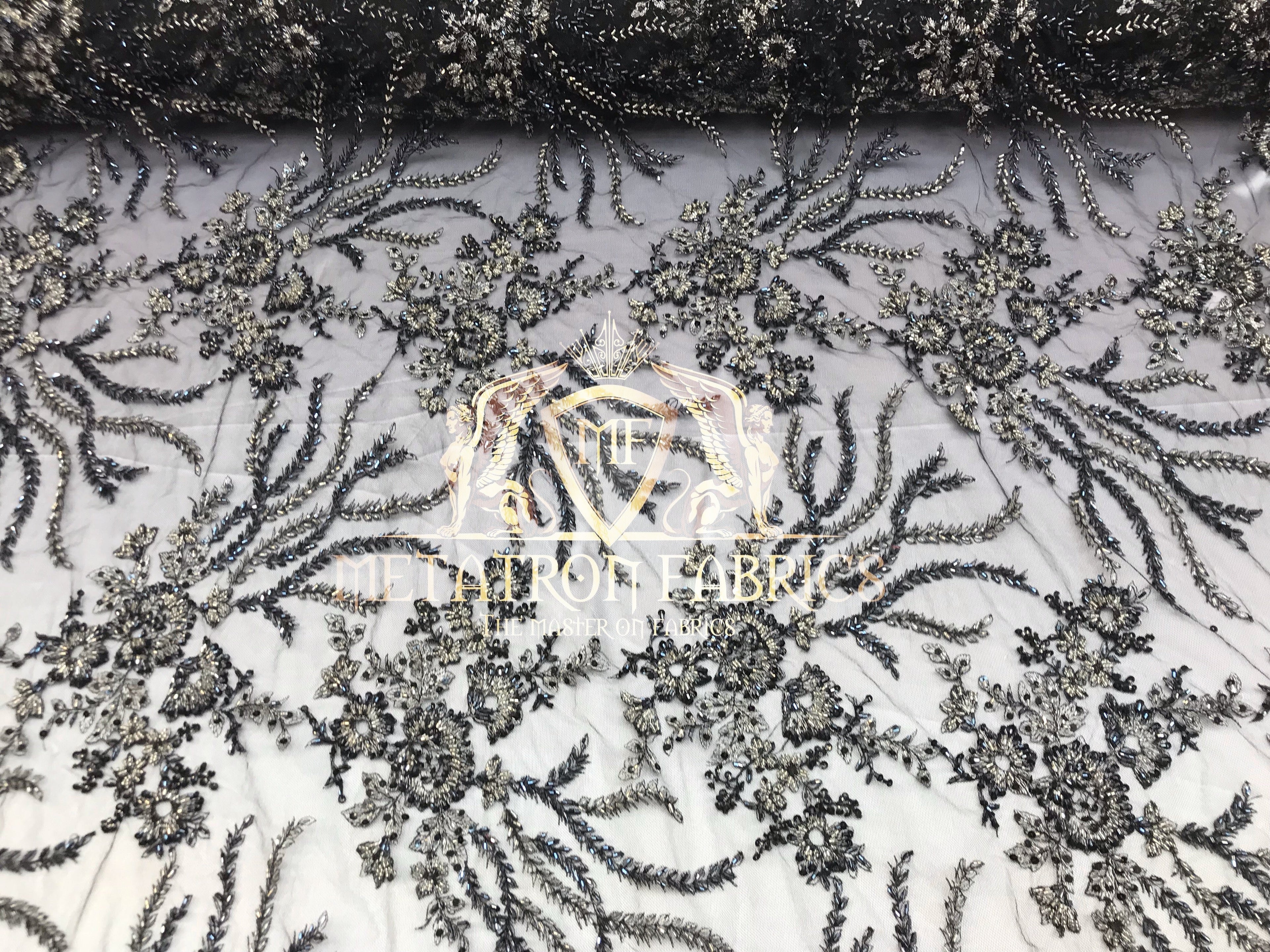 Beaded - Black - Fancy Flower Design Sequins Fabric with Beads Sold By The Yard