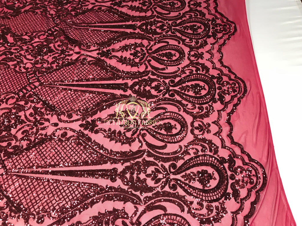 Sequins - Burgundy - 4 Way Stretch Fancy Fabric Embroidered On Mesh Sold By The Yard