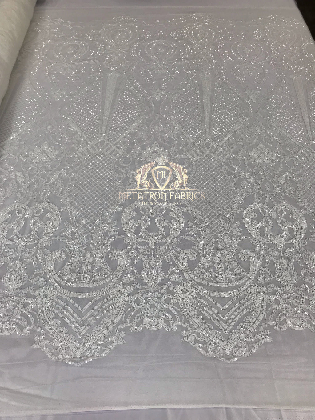 Sequins - White - 4 Way Stretch Fancy Fabric Embroidered On Mesh Sold By The Yard