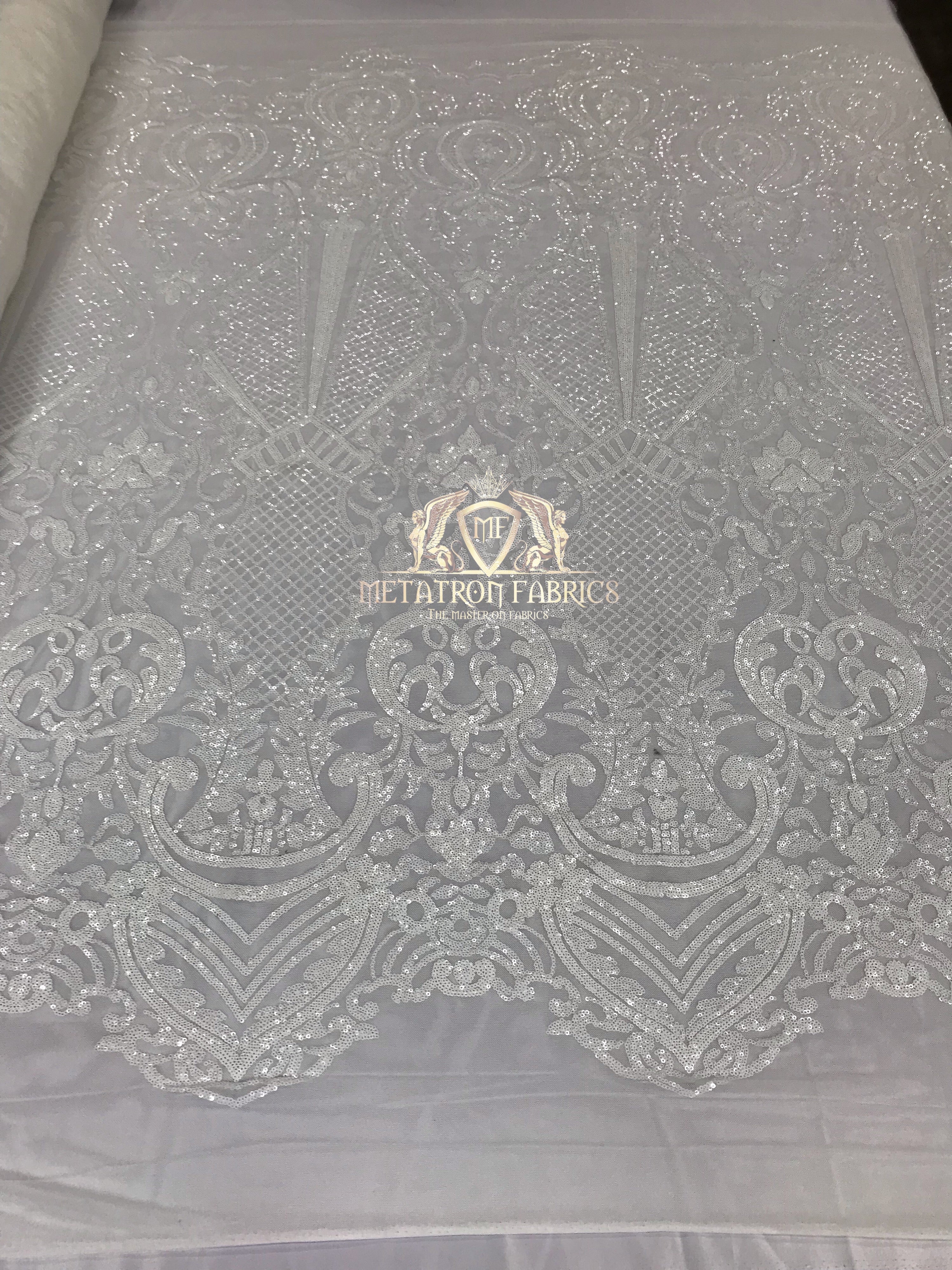 Sequins - White - 4 Way Stretch Fancy Fabric Embroidered On Mesh Sold By The Yard