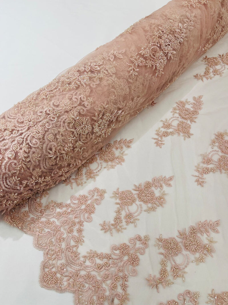 Beaded Floral Fabric - Light Pink - Embroidered Flower Cluster Beaded Fabric Sold By Yard