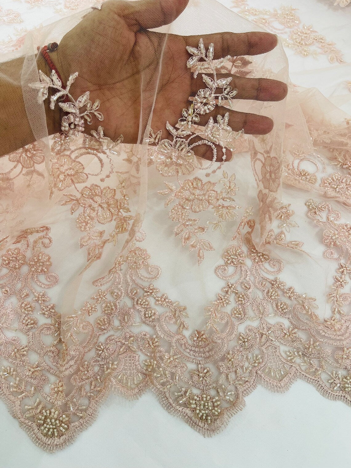 Beaded Floral Fabric - Light Pink - Embroidered Flower Cluster Beaded Fabric Sold By Yard