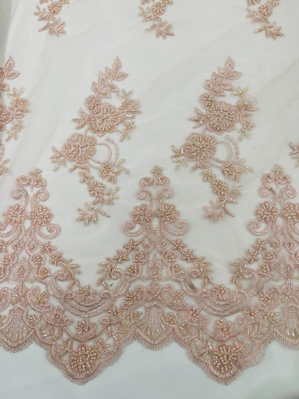 Beaded Floral Fabric - Light Pink - Embroidered Flower Cluster Beaded Fabric Sold By Yard