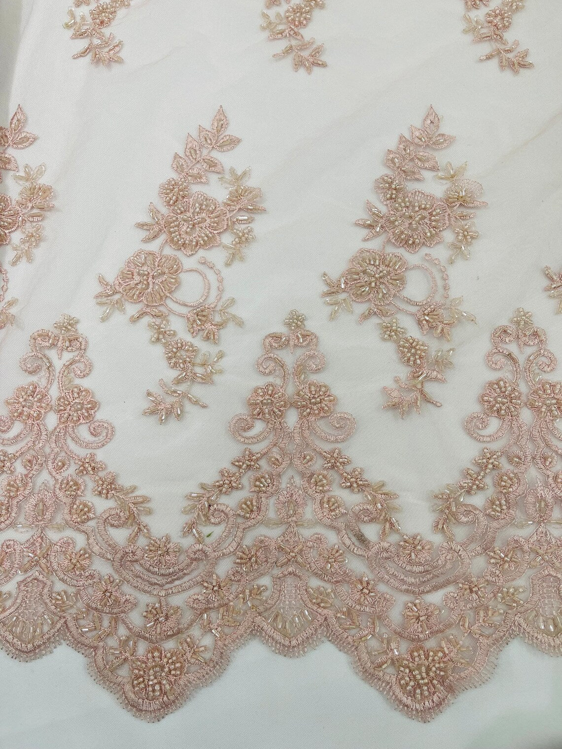 Beaded Floral Fabric - Light Pink - Embroidered Flower Cluster Beaded Fabric Sold By Yard