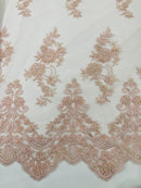 Beaded Floral Fabric - Light Pink - Embroidered Flower Cluster Beaded Fabric Sold By Yard