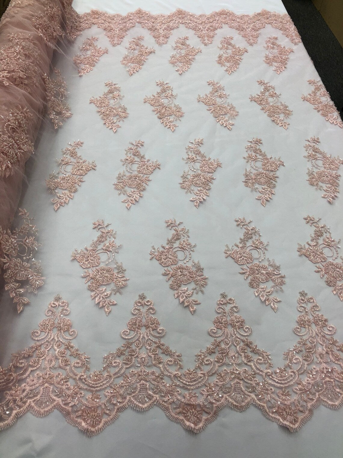 Beaded Floral Fabric - Light Pink - Embroidered Flower Cluster Beaded Fabric Sold By Yard