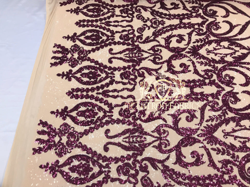 Two Tone Sequins - Magenta / Nude - 4 Way Stretch Fancy Design Mesh Fabric Sold By The Yard