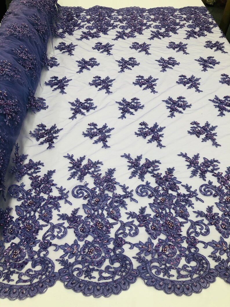Beaded Bridal Lace, Sold By The Yard Embroidered Floral Wedding Beaded Fabric with Sequin