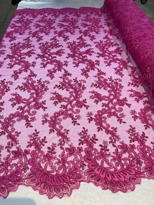 Lace Sequins Fabric - Corded Flower Embroidery Design Mesh Fabric - 25 Yard Roll