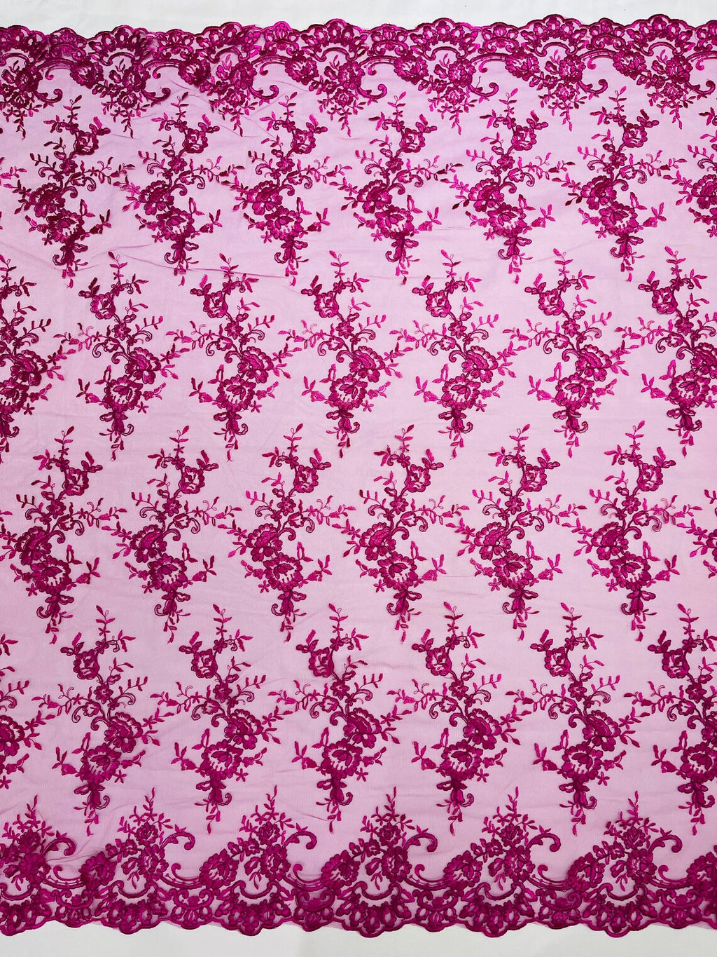 Floral Plant Lace Fabric - Magenta - Embroidery Flower Small Leaf Design Lace Fabric Sold By Yard