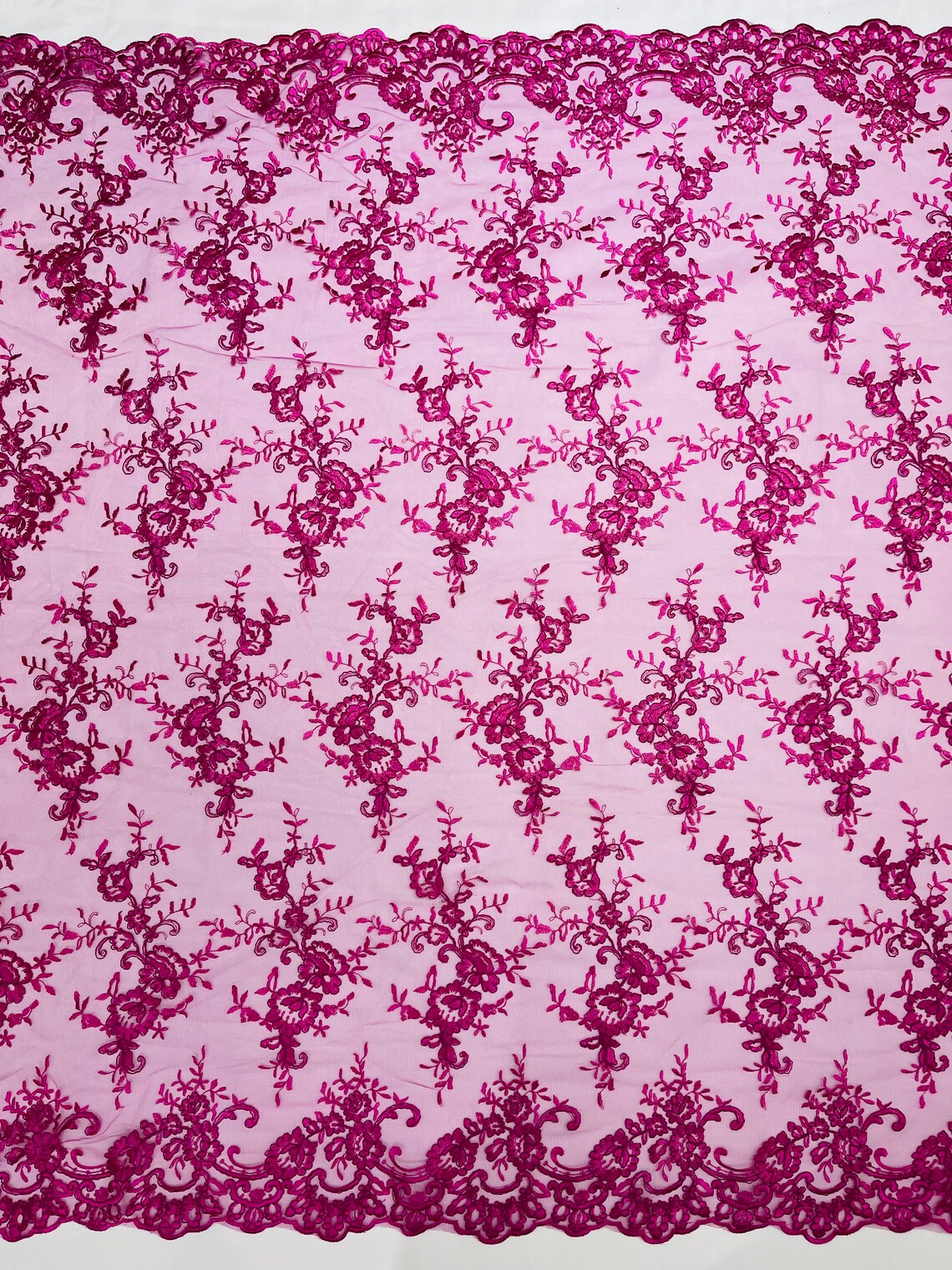 Floral Plant Lace Fabric - Magenta - Embroidery Flower Small Leaf Design Lace Fabric Sold By Yard