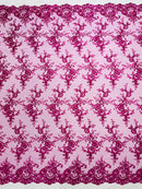 Floral Plant Lace Fabric - Magenta - Embroidery Flower Small Leaf Design Lace Fabric Sold By Yard