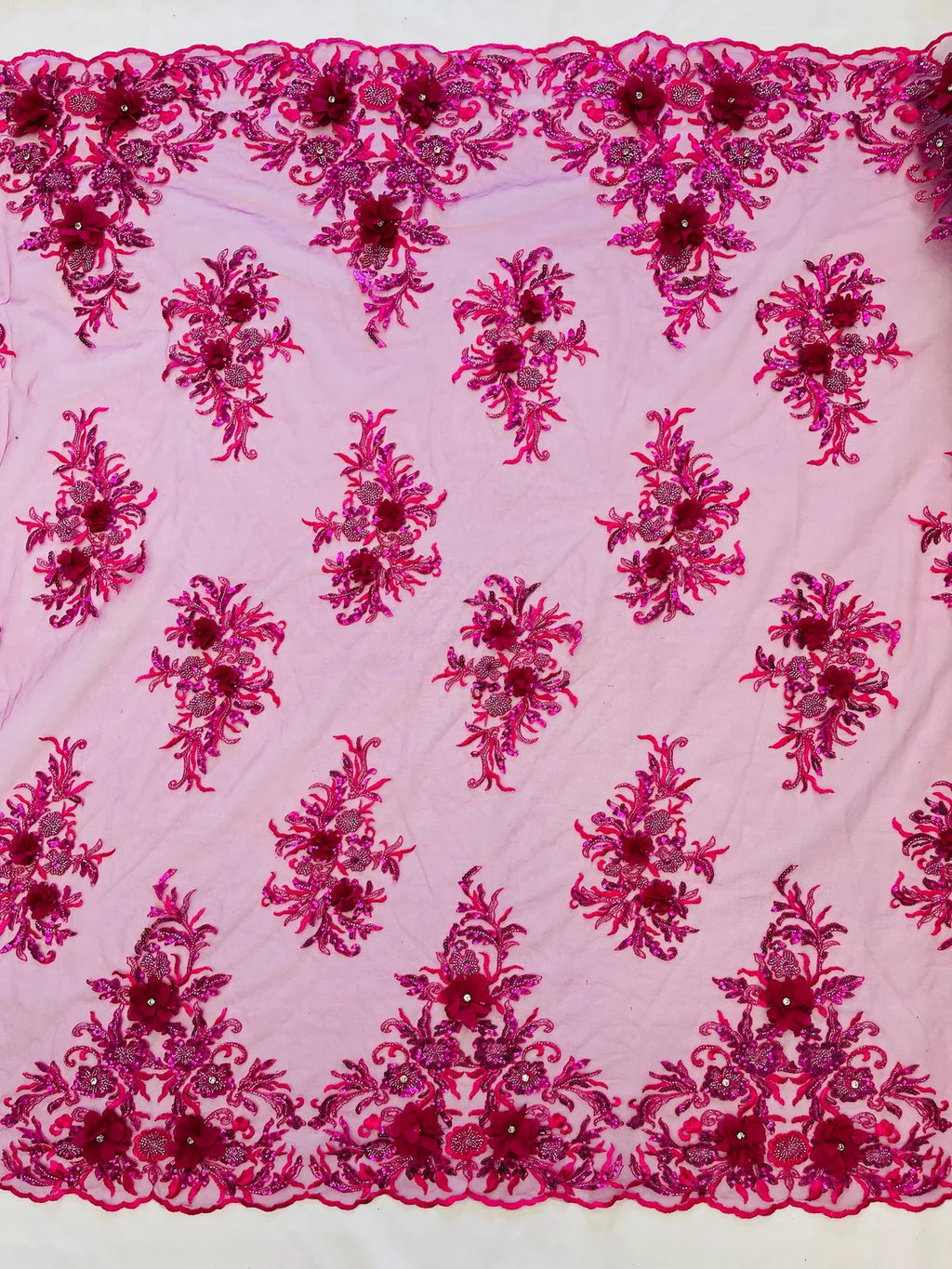 3D Floral Rhinestone Fabric - Magenta - Beaded Flower Clusters with Rhinestones and Sequins By Yard
